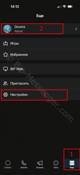 Вход в настройки профиля BIP